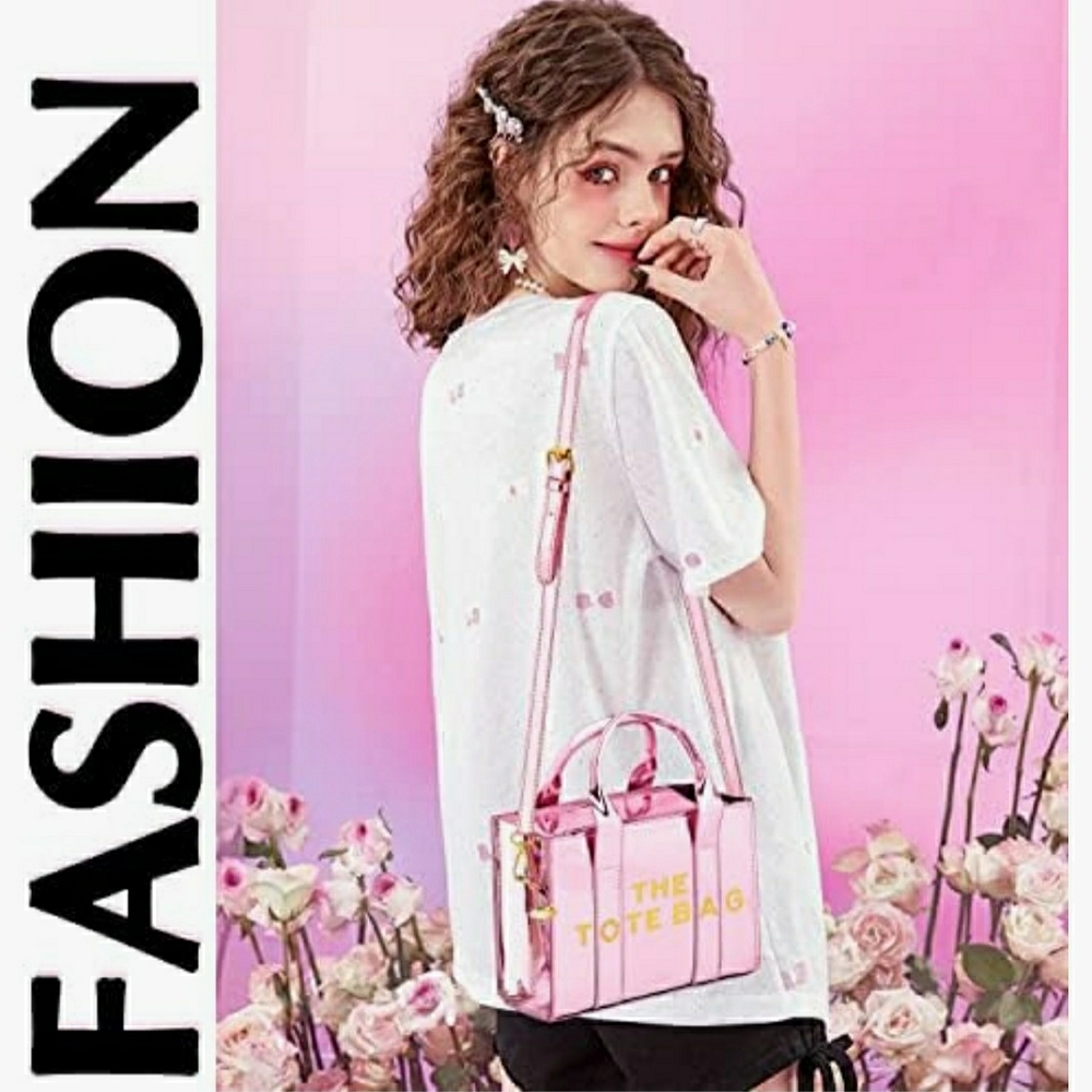 Pink Glossy Tote Bag for Teen Girl, PU Leather with Zipper, Crossbody For Travel